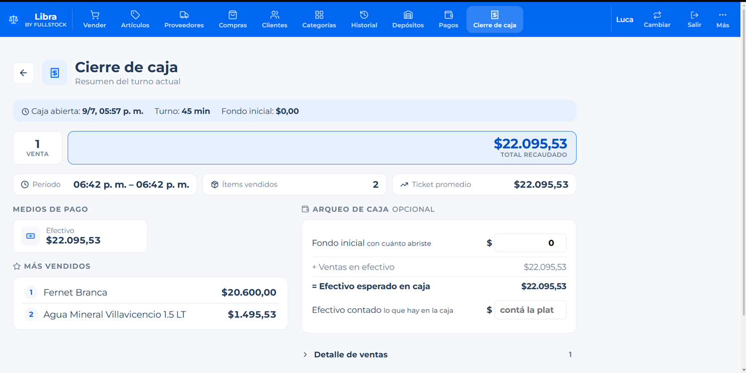 Cierre de caja de Libra con el resumen del turno