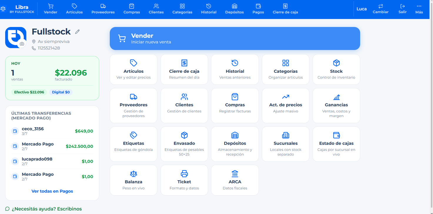 Pantalla de inicio de Libra con todas las funciones